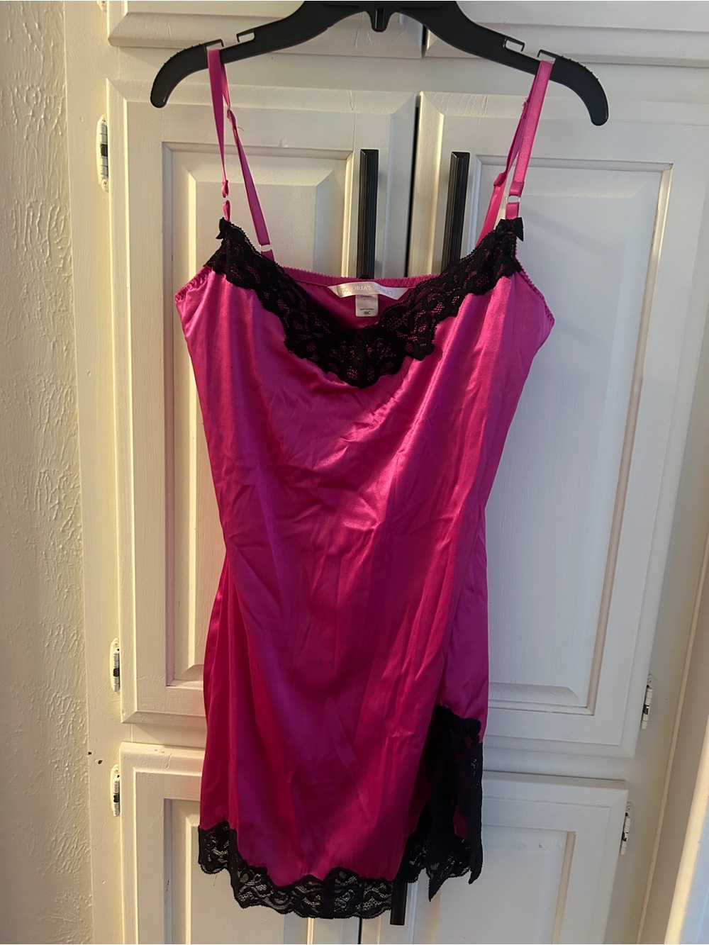 Victoria's Secret Hot Pink Satin Slip with Black Lace Trim 36c